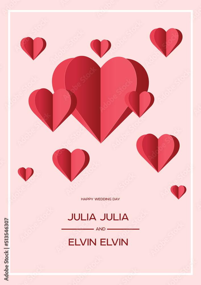 Wedding day concept 3d paper. Vector illustration. Red heart.