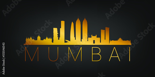 Mumbai, Maharashtra, India Gold Skyline City Silhouette Vector. Golden Design Luxury Style Icon Symbols. Travel and Tourism Famous Buildings.