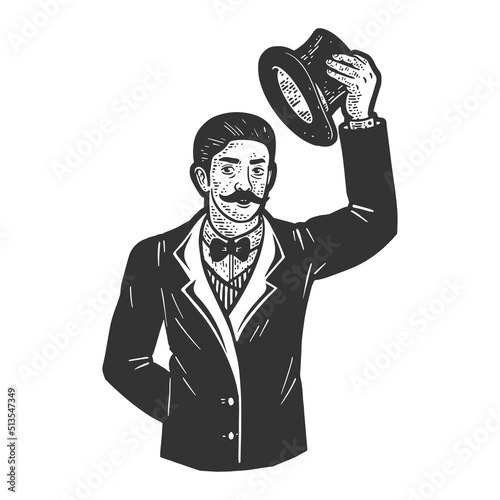 greeting gentleman taking off his hat sketch engraving vector illustration. T-shirt apparel print design. Scratch board imitation. Black and white hand drawn image.