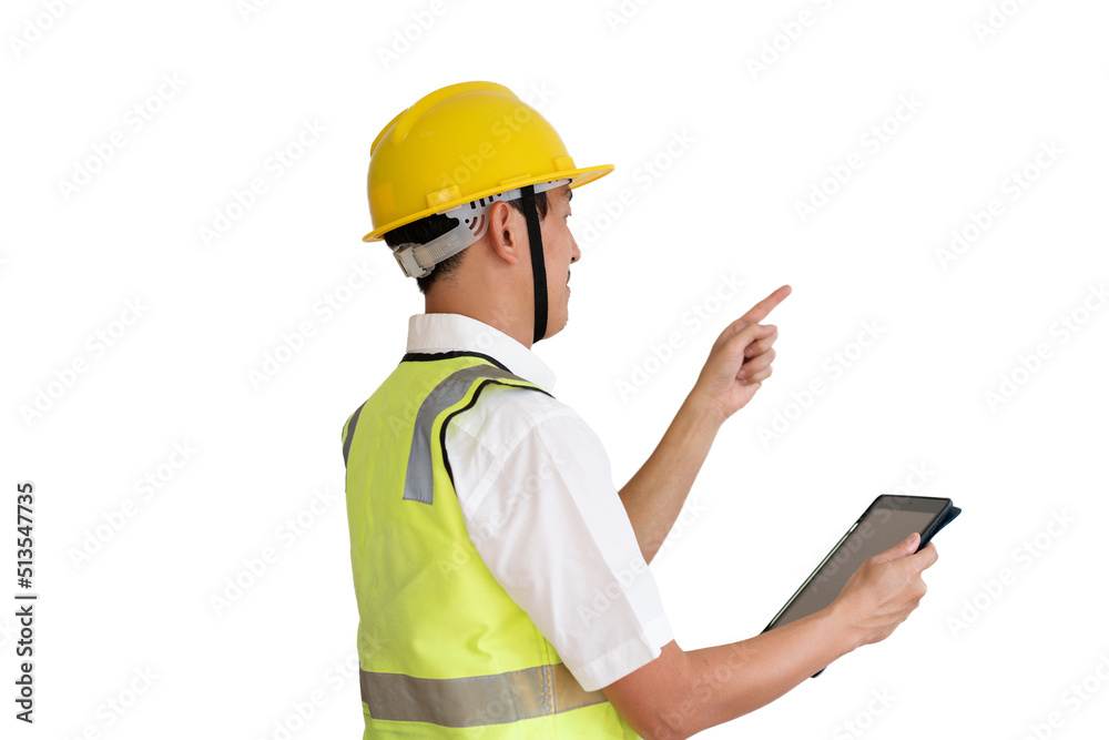 young asian civil engineer helmet hard hat standing showing thumbs up on isolated white background. Mechanic service concept young asian civil engineer helmet hard hat standing showing thumbs up on isolated white background. Mechanic service concept