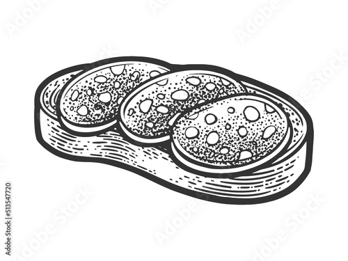sausage sandwich sketch engraving vector illustration. T-shirt apparel print design. Scratch board imitation. Black and white hand drawn image.