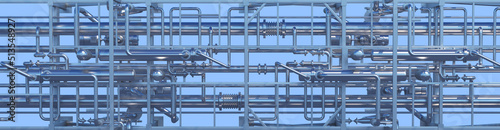 industrial background with horizontal metal structures from pipes on blue