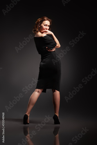 High fashion portrait of elegant woman in long black dress.