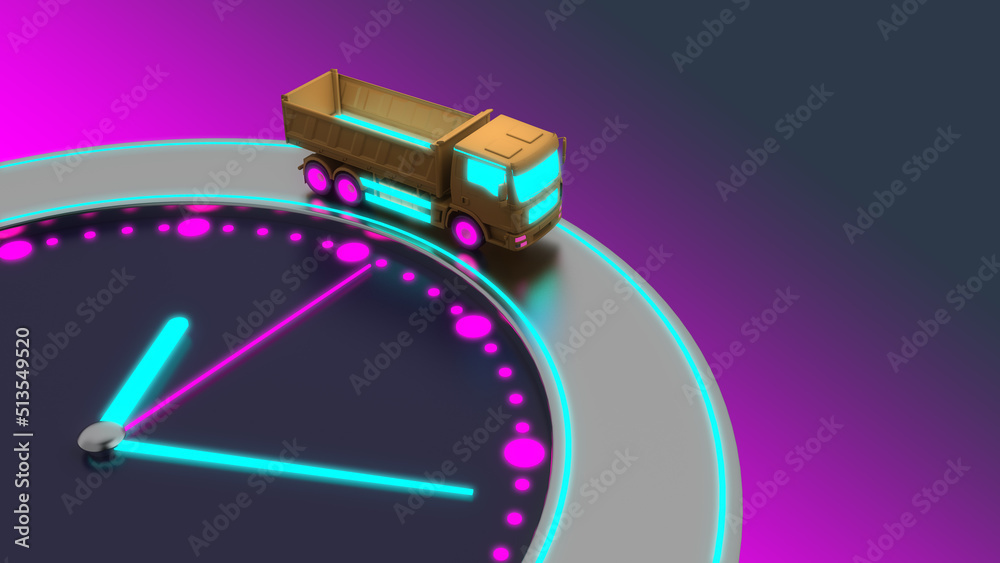 neon dump truck rides on the clock face