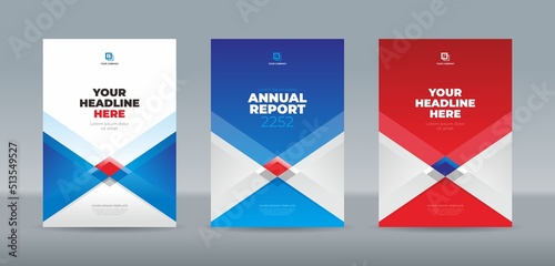 Modern square and triangle shape blue red and white color theme book cover template for annual report, magazine, booklet, proposal, portofolio, brochure, poster, company profile