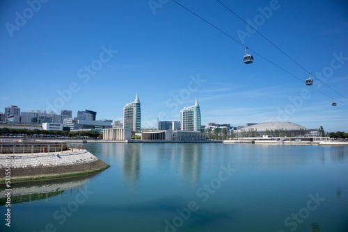 View of Parque das Nacoes cableway and Tagus River against the blue sky. Lisbon, Portugal. photo