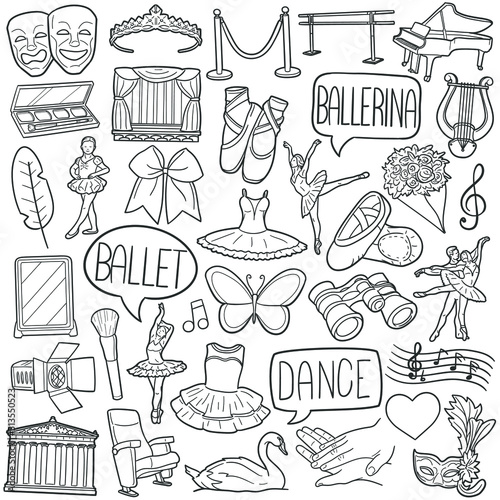 Ballet Doodle Icons. Hand Made Line Art. Ballerina Clipart Logotype Symbol Design.
