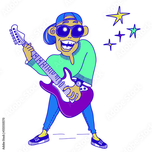Musician with electric guitar. Concert of rock music. Man with guitar standing on scene vector color hand drawn illustration of music festival