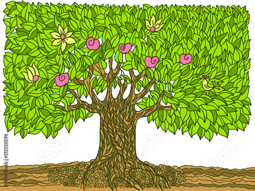 Hand drawn doodle big tree with fruits and flowers. Vector abstract big tree with green leaves isolated on white background illustration