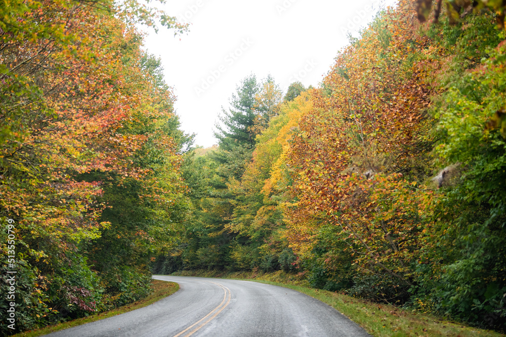 Blue Ridge Parkway car pov in North Carolina with yellow brown fall foliage mountains in national park forest and foggy weather on road