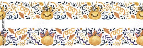 Seamless watercolor banner with pumpkins, leaves and ribbons. Hand drawn funny halloween pattern for decoration, design, parties.