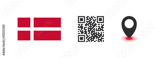 Flag of Denmark. Flag of the country, QR code with location pointer. Vector images photo