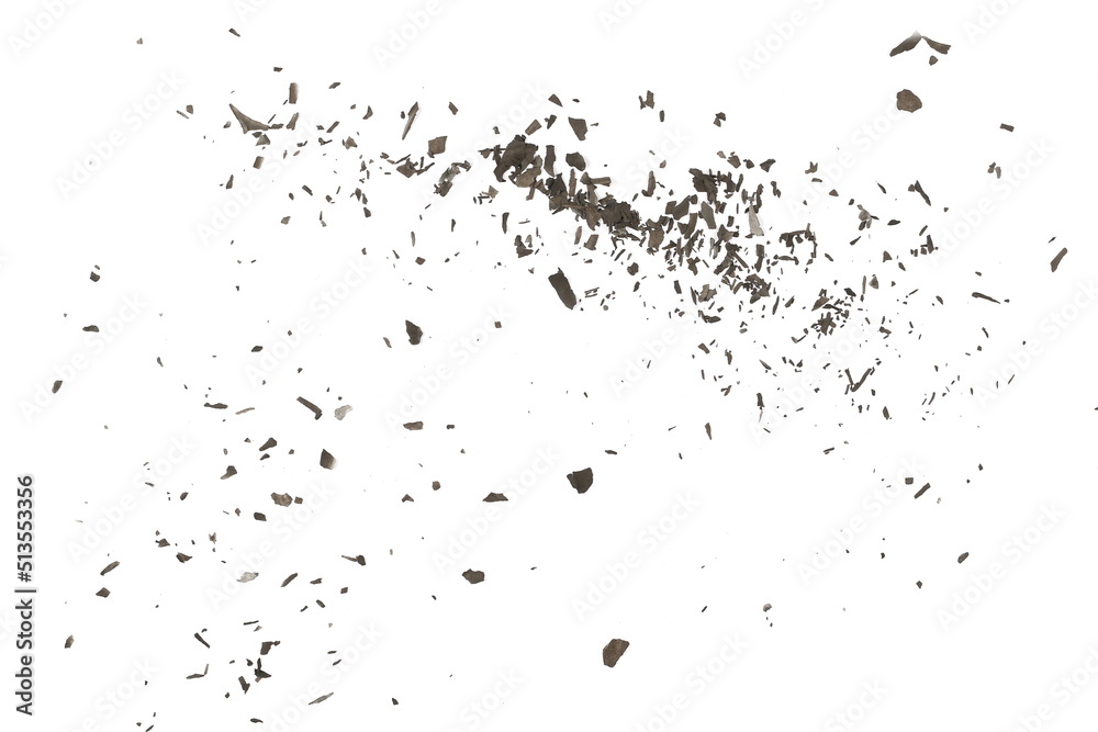 Explosion effect, burned, charred paper scraps, scattered isolated on white texture, top view Explosion effect, burned, charred paper scraps, scattered isolated on white texture, top view