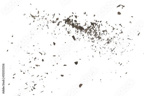  Explosion effect, burned, charred paper scraps, scattered isolated on white texture, top view