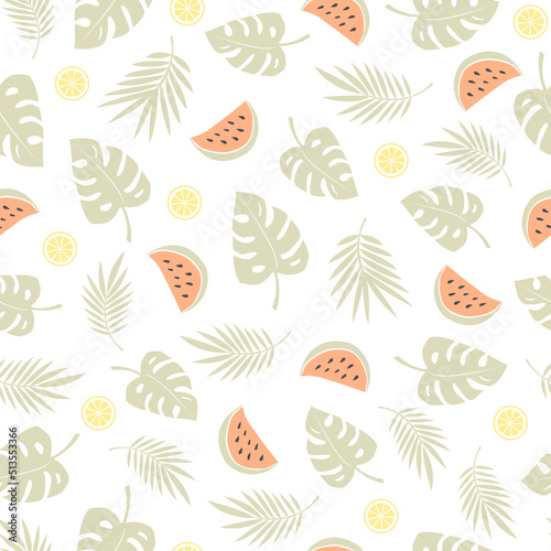 Summer modern seamless vector pattern of palm leaves, monstera, watermelons, lemons. For fabric, wallpaper, wrapping paper.