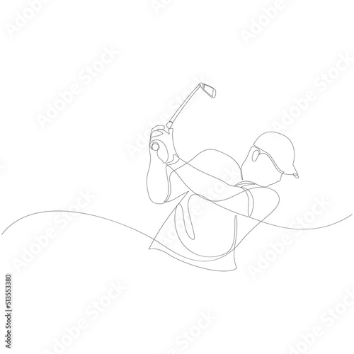 One single line drawing of golf player hit the ball using golf club. Sport concept. Modern continuous line draw design for golf tournament poster. Vector illustration.