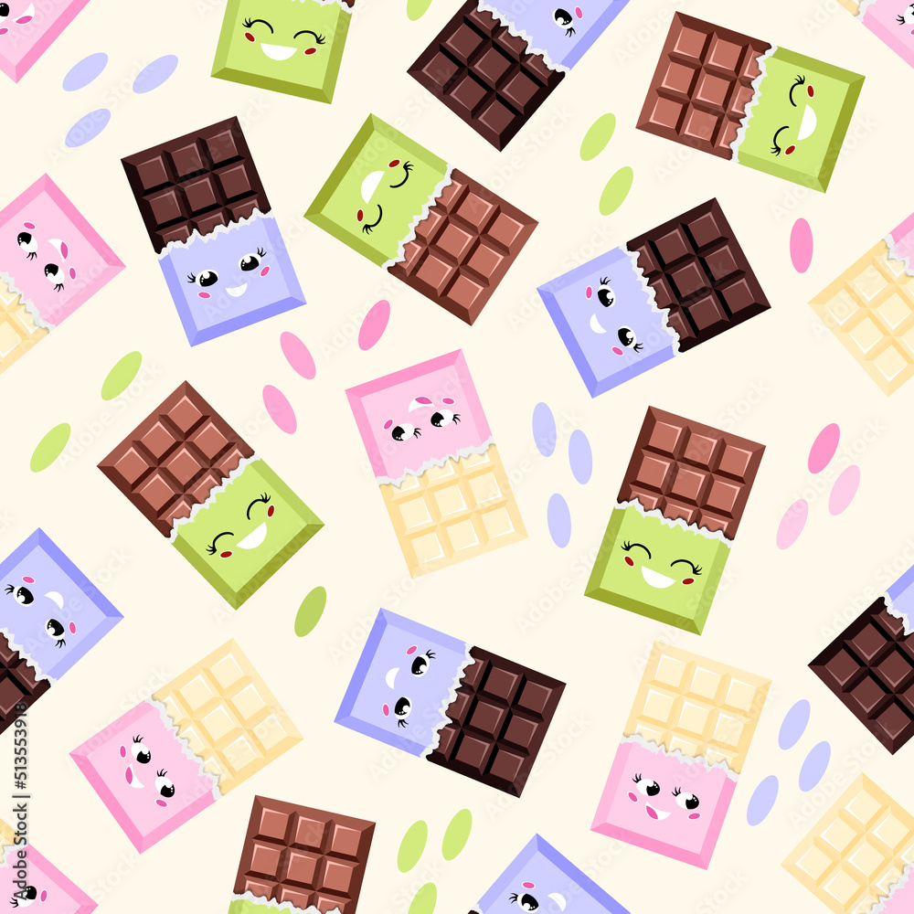 Seamless vector pattern with cute happy chocolate bars of different colors. Funny candy characters: white, milky, dark. Diversity. World Chocolate Day. Fabrics, wallpaper, wrapping paper, scrapbooking Seamless vector pattern with cute happy chocolate bars of different colors. Funny candy characters: white, milky, dark. Diversity. World Chocolate Day. Fabrics, wallpaper, wrapping paper, scrapbooking