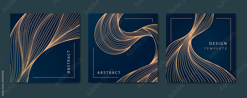 Vector set of wavy luxury line cards, golden dynamic square backgrounds ...