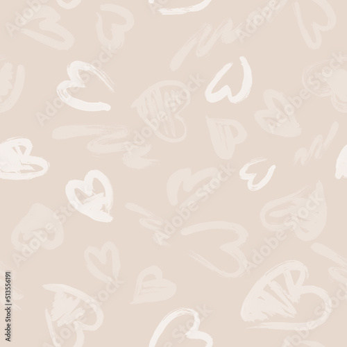 Hand drawn texture. Hearts, brush strokes, seamless pattern made with ink.