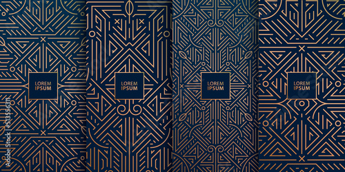 Vector set of monogram design in trendy vintage line style with space for text, abstract art deco geometric frames, luxury package templates. Use for wedding invitation, cover, card, print, poster