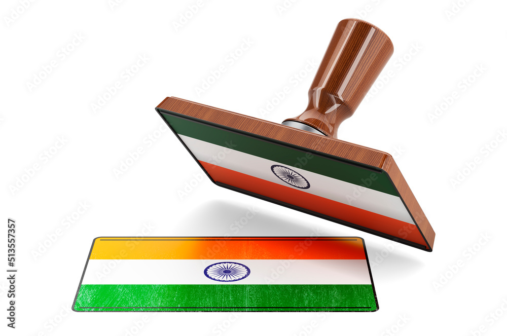 Wooden stamper, seal with Indian flag, 3D rendering Wooden stamper, seal with Indian flag, 3D rendering