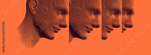 Reflection of man looking away in mirrors. Concept of psychological and mental health issues. Voxel art. 3D vector illustration of multiple cloned humans. Design for presentation, cover or brochure.