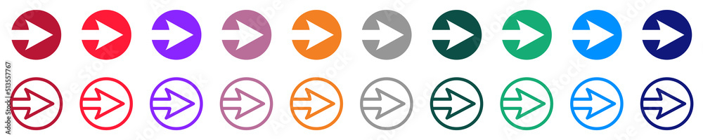 Set of arrows in colorful buttons. Arrow icon with circle, colorful arrows. Right arrow icons. Vector.