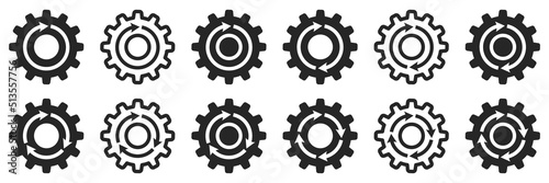 Set of gear wheels icons with arrows. Gear rotation signs. Update icon, arrrow in gear. Automate business operation, workflow process. Agile process, rotation arrows and gears. Vector.