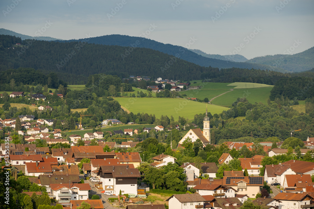 Scenic view over the town Viechtach in Lower Bavaria, Germany on a bright sunny summer day with Bavarian Forest in background
