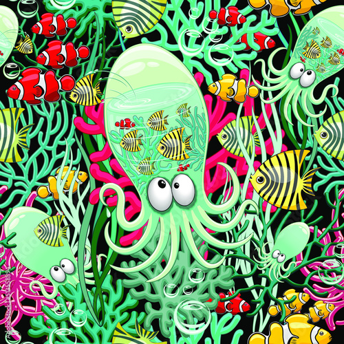 Vector illustration of a funny cartoon octopus on coral reef with fishes