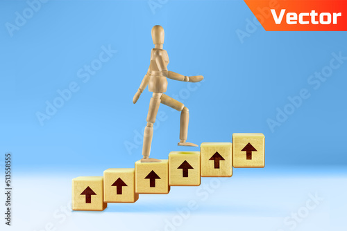 Figure of wooden Dummy climb up wooden stairs. Concept of career up. Business growth up. Success in life. Management achievement. Concept of success