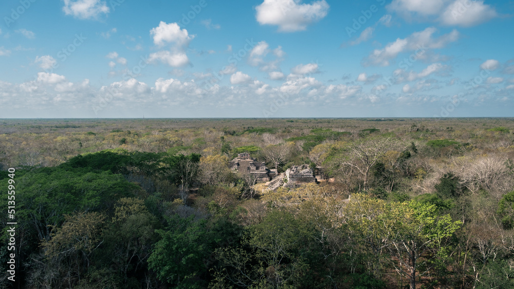 View above the jungle and the maya pyramids of Ek balam, Yucatan