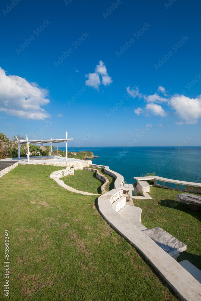 Fototapeta premium White Pavilion against a panorama of at the ocean