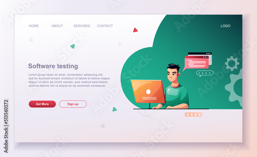Programming concept, web engineer at work, vector images. Developer programming web site landing page template.