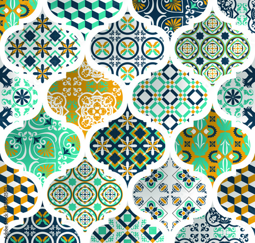 Turkish mosque window vector seamless background. Ramadan mubarak of Muslim origin. Traditional Ramadan Karim mosque pattern with white grid mosaic. Islamic lantern shaped tile pattern design. photo