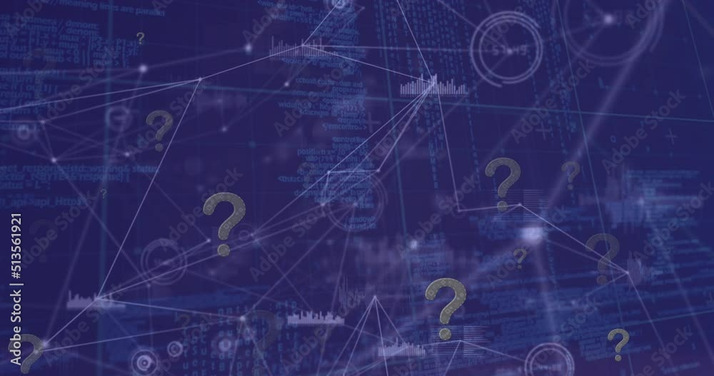 Animation of question mark icons over network of connections and data processing on black background Animation of question mark icons over network of connections and data processing on black background