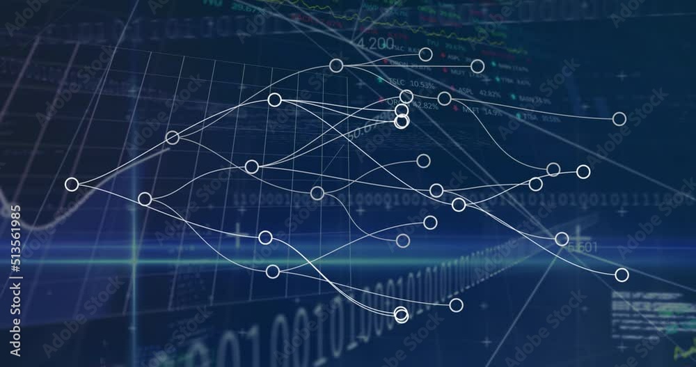 Animation of network of connections over data processing on black background