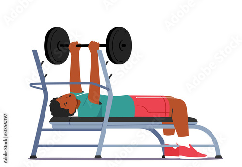 Black Man Workout with Barbell Lying on Bench. Sportsman Powerlifter Male Character in Sportswear Exercising with Weight