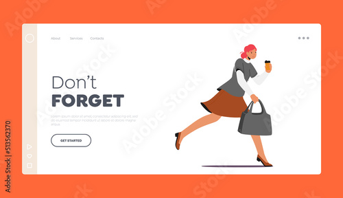 Office Worker Character Hurry Landing Page Template. Running Girl with Disposable Coffee Cup in Hand Late at Work