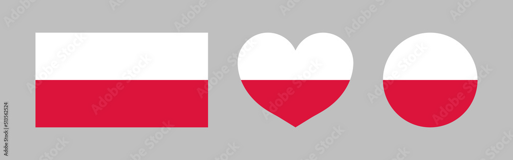 Poland flag. Polish icon. Official flag of poland. White-red round, heart and square shapes. Isolated button, emblem and label for national, sport and travel. Europe banner. Vector