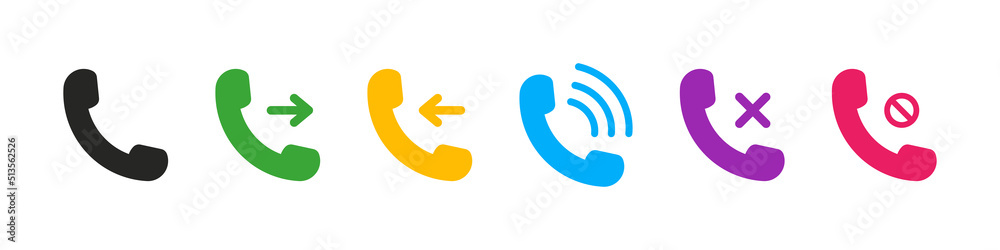 Call phone icon. Telephone call icons with symbol of caller, missed, decline, outgoing and incoming. Set of signs for support. Interface buttons for mobile connection. Vector Call phone icon. Telephone call icons with symbol of caller, missed, decline, outgoing and incoming. Set of signs for support. Interface buttons for mobile connection. Vector
