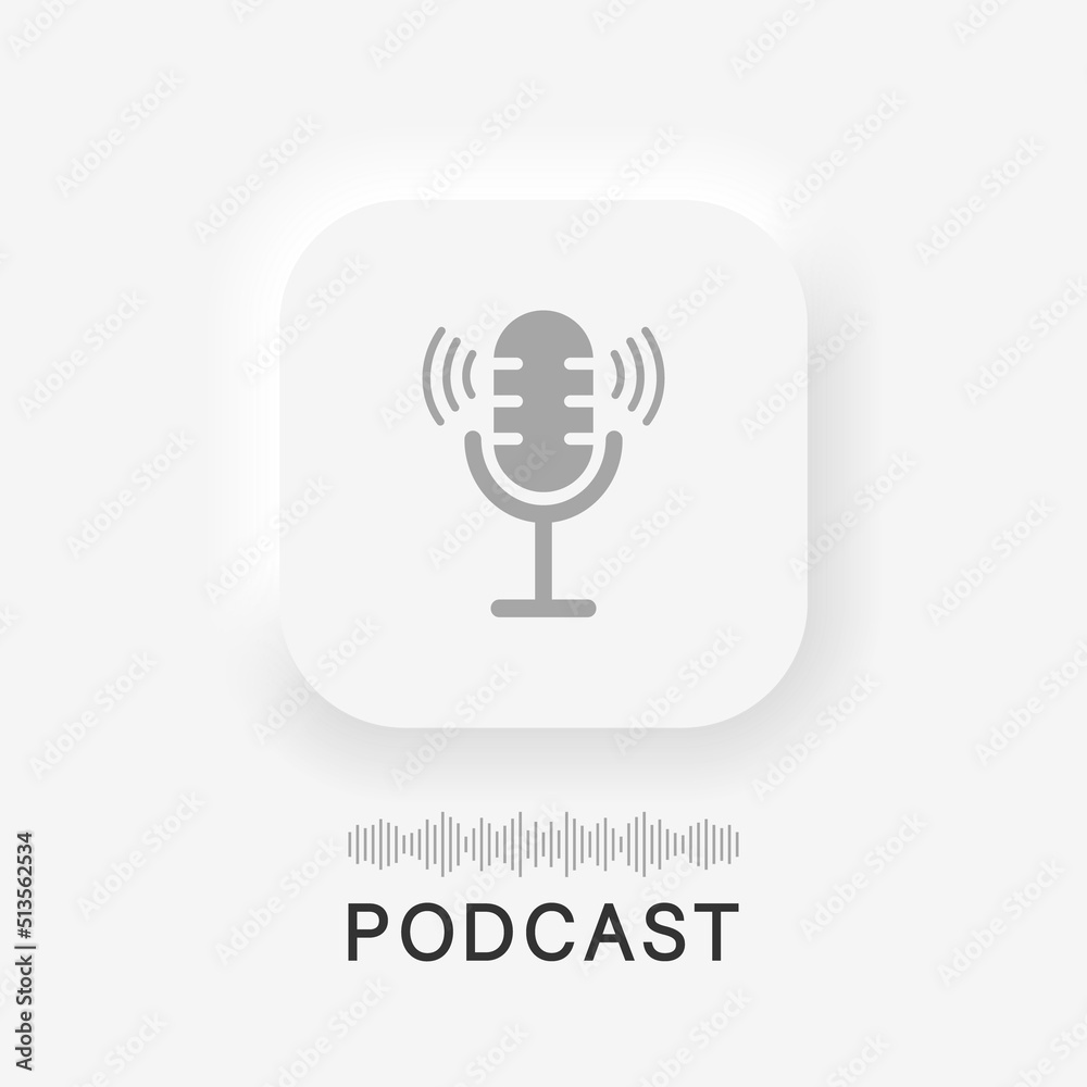 Podcast icon. Podcast neumorphism button. Logo with microphone for radio, audio and broadcast. Symbol of app for show, talk, media and studio. Vector Podcast icon. Podcast neumorphism button. Logo with microphone for radio, audio and broadcast. Symbol of app for show, talk, media and studio. Vector