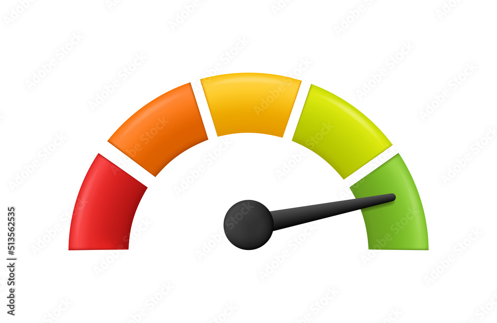 Speedometer icon. 3D meter with arrow for dashboard with green, yellow, red  indicators. Gauge of tachometer. Low, medium, high and risk levels. Scale  score of speed, performance and rating. Vector Stock Vector