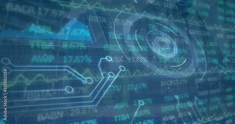 Animation of stock market and scope scanning over cityscape Animation of stock market and scope scanning over cityscape