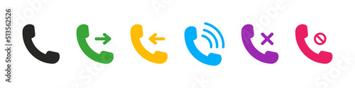 Call phone icon. Telephone call icons with symbol of caller, missed, decline, outgoing and incoming. Set of signs for support. Interface buttons for mobile connection. Vector