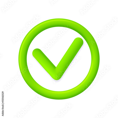 Tick icon. 3d check mark. Round green button with checkmark. Sign for checklist, right, ok and accept. Symbol of choose, yes, true and agree. Logo for app. Vector