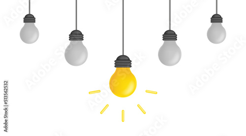Lamp idea. 3d bulb icon for innovation, education and creative solution. Concept of intelligence, inspiration and invention. Yellow lightbulb for creativity and motivation. Vector