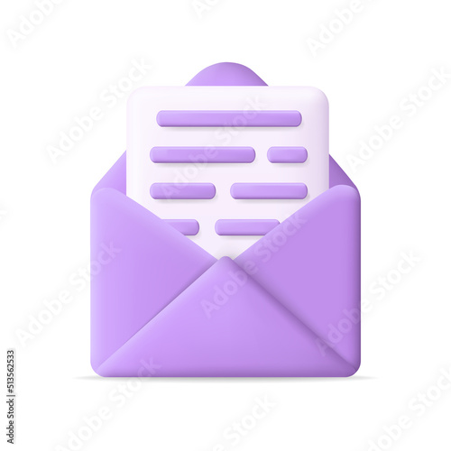 Mail letter. 3d envelope icon. Open email document with message. Illustration of paper letter for send, inbox and verification. Vector