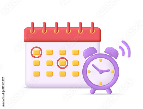 Calendar with clock. 3d icon for time, reminder and schedule. Concept of remember, event and meeting. Illustration of calender for plan with date. Vector