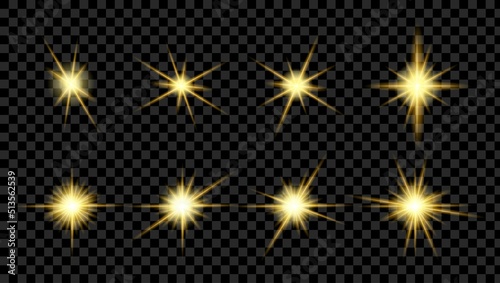 Yellow glare. Flare light of stars and lens. Burst with bright gold effect flashes. Glitter from spark, star and sun. Set of glows from camera, sunlight isolated on transparent background. Vector